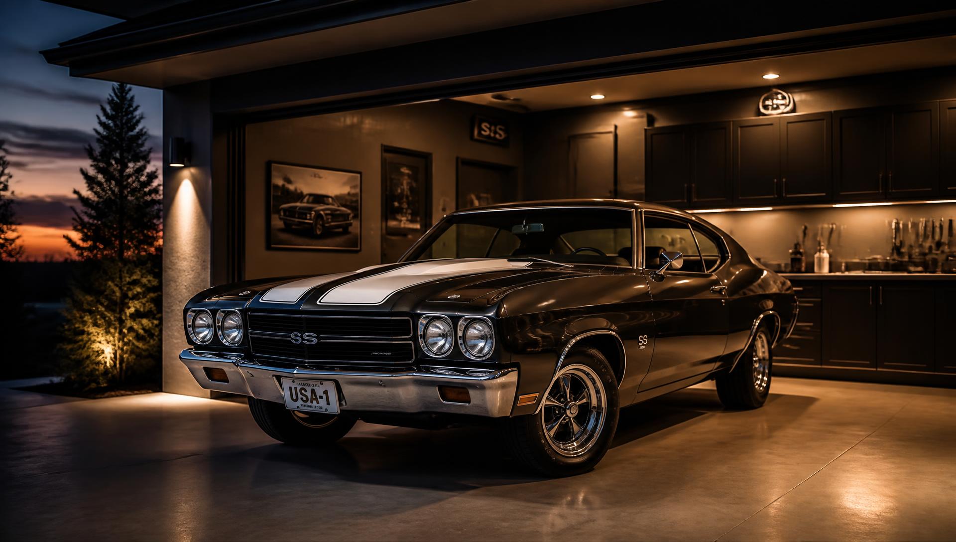 Muscle car clássico estacionado em garagem residencial ao entardecer