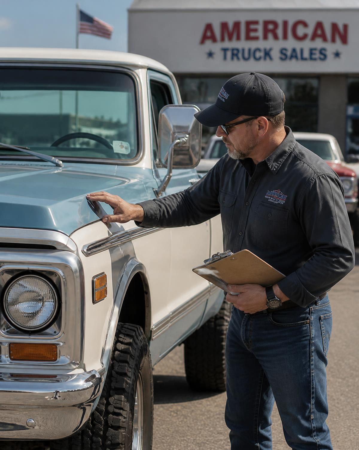 Especialista da Supercharger checando presencialmente uma pickup clássica nos Estados Unidos