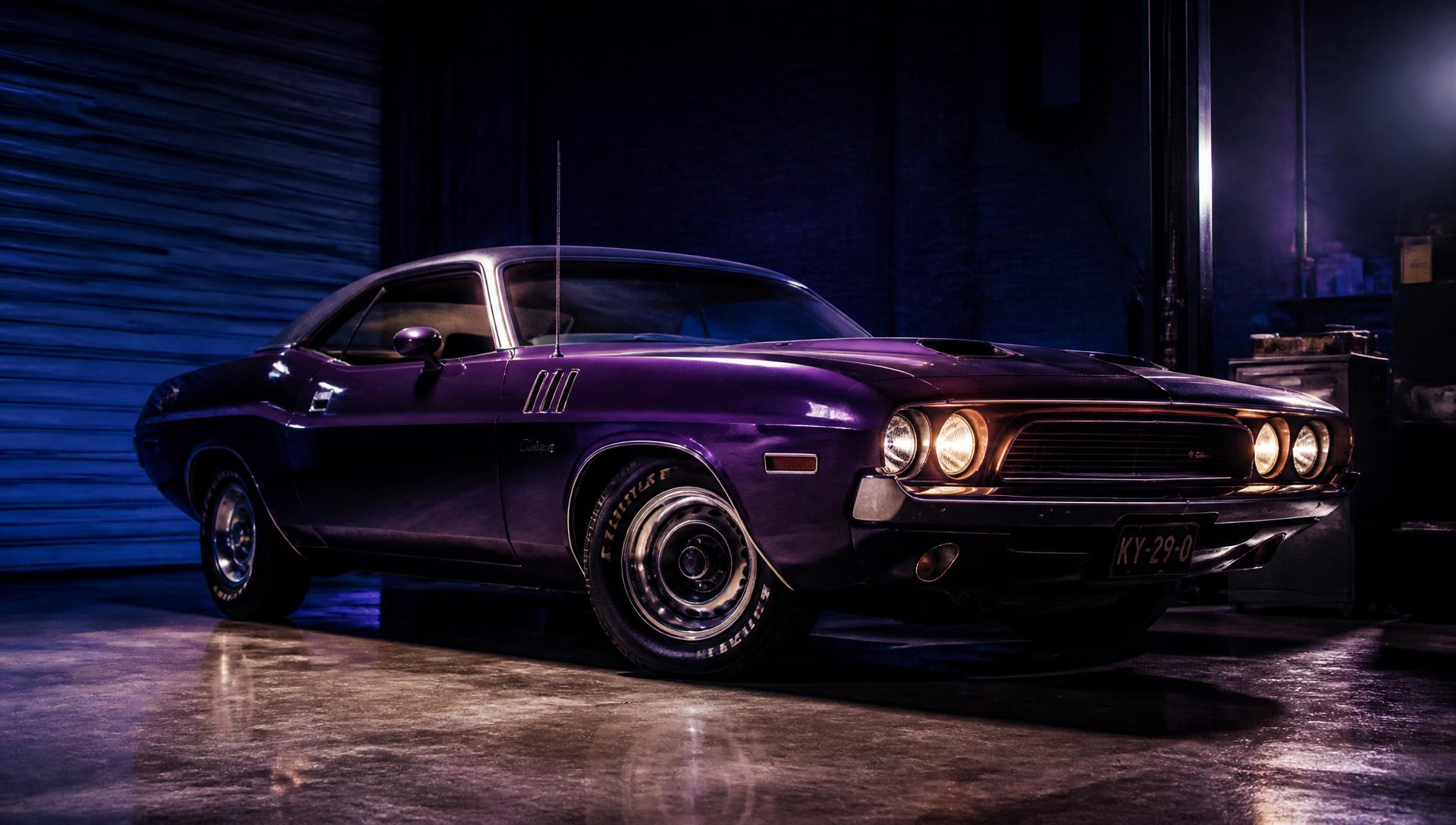 Muscle car clássico americano em garagem com iluminação cinematográfica